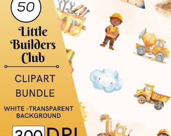 50 Construction Watercolor Clipart, Vehicle & Builder Graphics, Commercial Use, Digital Download