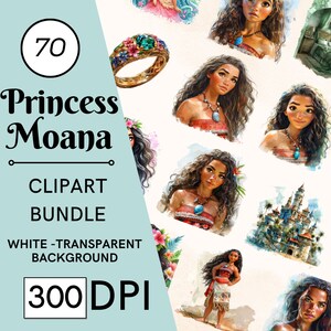 70 Watercolor Princess Moana Clipart, Fantasy Polynesian, Watercolor Fairytale Images, Commercial Use, Digital Download