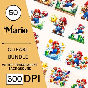 Conjunto de 50 clipart de Mario em aquarela - 300 DPI, alta resolução, fundo transparente, download digital perfeito para presentes e artesanato DIY