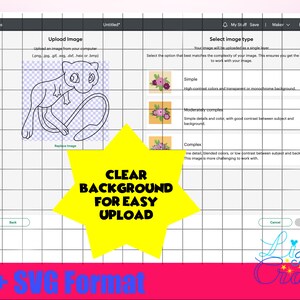 May include: A screenshot of a computer screen showing a design program with a black and white line drawing of a cartoon character on a checkered background. The text "CLEAR BACKGROUND FOR EASY UPLOAD" is in a yellow star shape. The text "PNG + SVG Format" is at the bottom of the screen.