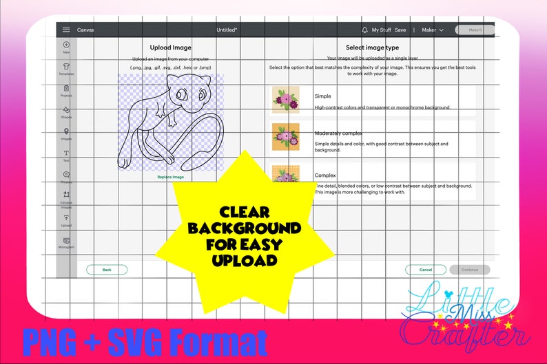 May include: A screenshot of a computer screen showing a design program with a black and white line drawing of a cartoon character on a checkered background. The text "CLEAR BACKGROUND FOR EASY UPLOAD" is in a yellow star shape. The text "PNG + SVG Format" is at the bottom of the screen.