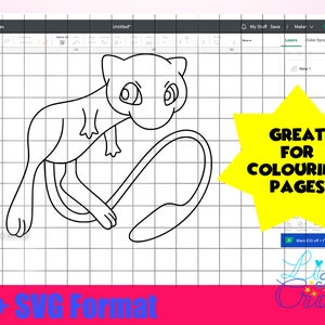May include: Black and white line art illustration of a cartoon Pokemon character with a curled tail. The image is on a grid background and says "GREAT FOR COLOURING PAGES".