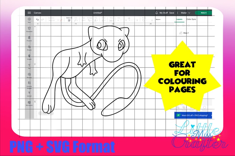 May include: Black and white line art illustration of a cartoon Pokemon character with a curled tail. The image is on a grid background and says "GREAT FOR COLOURING PAGES".