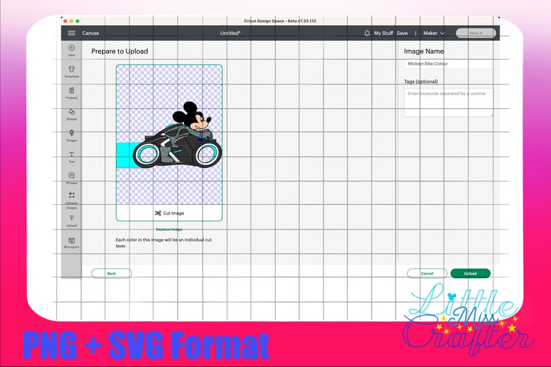 May include: Mickey Mouse riding a futuristic motorbike with blue accents. The image is on a white background with a grid pattern.