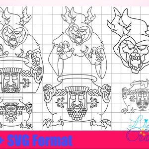 Pode incluir: Um desenho de arte de linha em preto e branco de um caldeir&atilde;o com um personagem assustador com chifres e uma capa com capuz. O personagem est&aacute; segurando o caldeir&atilde;o com as duas m&atilde;os. O desenho est&aacute; sobre um fundo branco com um padr&atilde;o de grade.