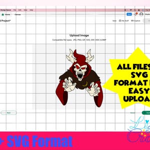 Pode incluir: Uma tela de espa&ccedil;o de design digital mostrando um personagem de desenho animado vermelho e preto com chifres e um rosto de caveira. O texto "ALL FILES IN SVG FORMAT FOR EASY UPLOAD" est&aacute; em uma estrela amarela. O texto "PNG + SVG Format" est&aacute; na parte inferior da imagem.