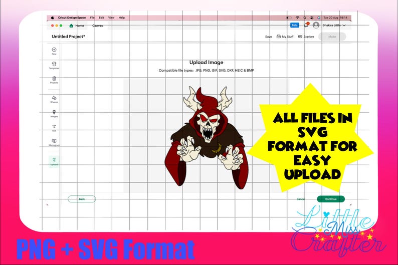 Pode incluir: Uma tela de espa&ccedil;o de design digital mostrando um personagem de desenho animado vermelho e preto com chifres e um rosto de caveira. O texto "ALL FILES IN SVG FORMAT FOR EASY UPLOAD" est&aacute; em uma estrela amarela. O texto "PNG + SVG Format" est&aacute; na parte inferior da imagem.