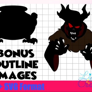 Pode incluir: Imagens em silhueta preto e branco de um caldeir&atilde;o e um monstro com olhos vermelhos. O texto "Bonus Outline Images PNG + SVG Format" est&aacute; abaixo das imagens.