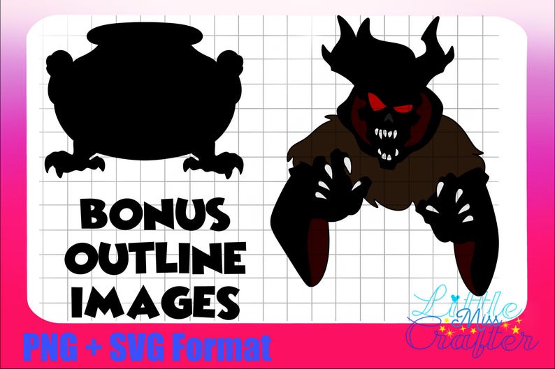 Pode incluir: Imagens em silhueta preto e branco de um caldeir&atilde;o e um monstro com olhos vermelhos. O texto "Bonus Outline Images PNG + SVG Format" est&aacute; abaixo das imagens.