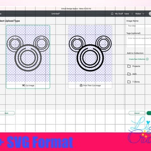 May include: A black and white silhouette of Mickey Mouse's head with three concentric circles for each ear. The image is displayed on a computer screen with a grid background. The screen shows a design software interface with options to cut or print the image.