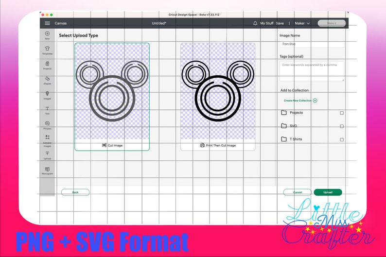 May include: A black and white silhouette of Mickey Mouse's head with three concentric circles for each ear. The image is displayed on a computer screen with a grid background. The screen shows a design software interface with options to cut or print the image.
