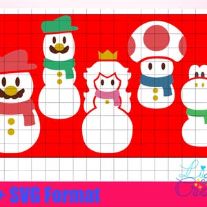 Schneemann Weihnachten Mario, Pfirsich, Yoshi, Luigi und Kröte SVG PNG Digitale Datei Prinzessin Pilz