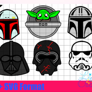 6 Star Wars Darth Vader, Boba, Grogu, Mandalorian Din Djarin, Stormtrooper, Kylo Ren Helmets SVG and PNG digital files great for May 4th
