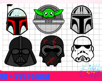 6 Star Wars Darth Vader, Boba, Grogu, Mandalorian Din Djarin, Stormtrooper, Kylo Ren Helmets SVG and PNG digital files great for May 4th