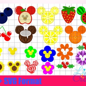 Sélection de fruits et de fleurs Mickey Mouse Head, fraise, cerise, pomme, myrtille, noix de coco, pastèque, marguerite, rose, tournesol, été