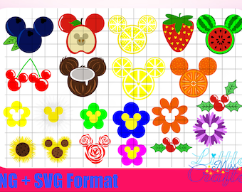 Mickey Mouse Head Fruit and Flowers Selection, Strawberry, Cherry, Apple, Blueberry, Coconut, Watermelon, Daisy, Rose, Sunflower, Summer