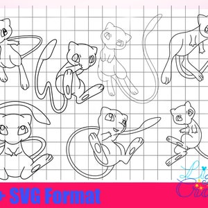 May include: A set of six black and white line drawings of Pokemon characters. The characters are all in different poses and have different expressions. The drawings are on a white background with a grid pattern.