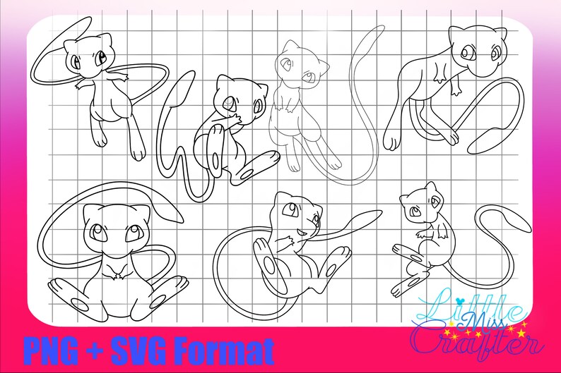 May include: A set of six black and white line drawings of Pokemon characters. The characters are all in different poses and have different expressions. The drawings are on a white background with a grid pattern.