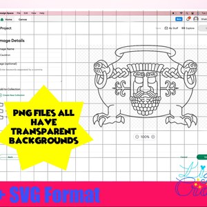Pode incluir: Um desenho de linha preto e branco de um caldeir&atilde;o com um rosto na frente. O texto "PNG FILES ALL HAVE TRANSPARENT BACKGROUNDS" est&aacute; em uma estrela amarela. O texto "PNG + SVG Format" est&aacute; na parte inferior da imagem.