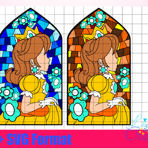 Princess Daisy Mario Stained Glass SVG en PNG Digitale bestanden geweldig voor crafters of kleurplaat, The Super Mario Bros Mushroom Kingdom