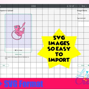 May include: A pink cartoon character with a long tail and a large head is shown on a gridded background. The text "SVG IMAGES SO EASY TO IMPORT" is displayed in a yellow star shape. The text "PNG + SVG Format" is displayed at the bottom of the image.