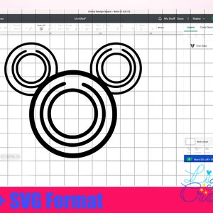 May include: Black and white line art design of Mickey Mouse ears. The ears are made of three circles, with the outer circle being the largest and the inner circle being the smallest.