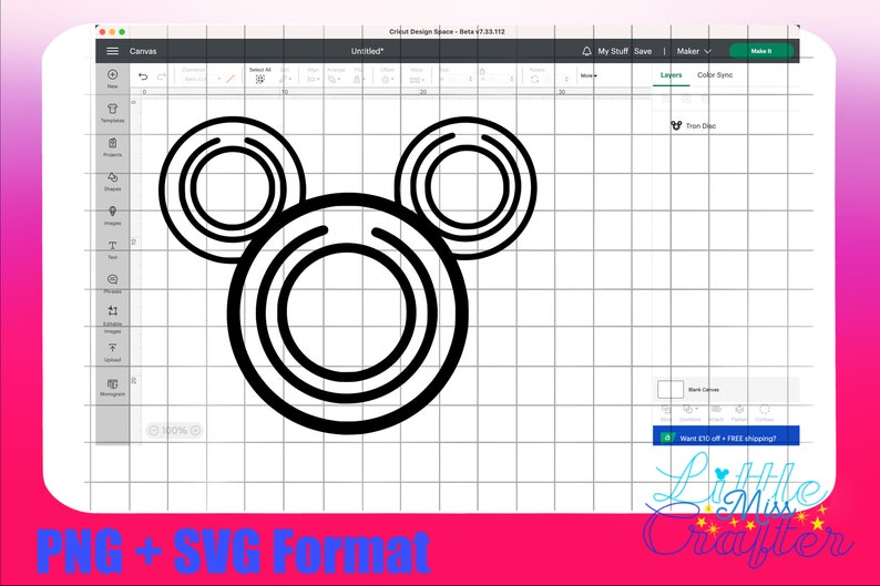 May include: Black and white line art design of Mickey Mouse ears. The ears are made of three circles, with the outer circle being the largest and the inner circle being the smallest.
