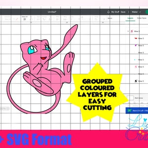 May include: Pink and white cartoon character with a curled tail, grouped and layered for easy cutting. The text "GROUPED COLOURED LAYERS FOR EASY CUTTING" is on a yellow star shape.