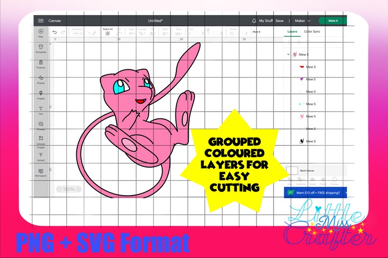 May include: Pink and white cartoon character with a curled tail, grouped and layered for easy cutting. The text "GROUPED COLOURED LAYERS FOR EASY CUTTING" is on a yellow star shape.