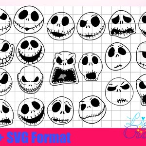 May include: A set of 16 black and white Jack Skellington face SVG cut files. Each face has a different expression, including smiling, frowning, and surprised.