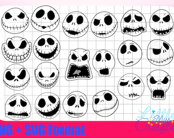 Jack Skellington Faces Nightmare before Christmas Halloween SVG and PNG in colour and black and white outline.