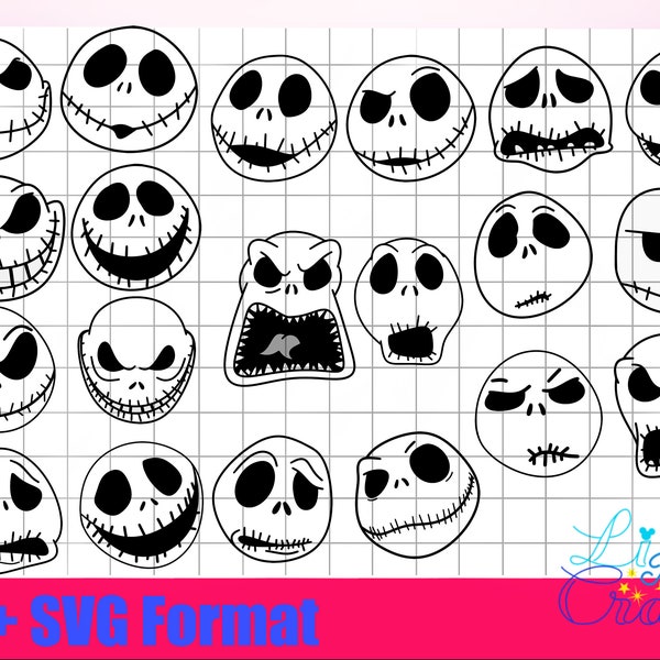 Jack Skellington Faces Nightmare before Christmas Halloween SVG and PNG in colour and black and white outline.