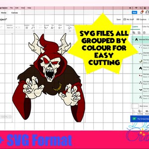 Pode incluir: Um design digital de um personagem de rei com chifres vermelhos com uma express&atilde;o amea&ccedil;adora. O texto "SVG FILES ALL GROUPED BY COLOUR FOR EASY CUTTING" &eacute; exibido em uma estrela amarela. O design &eacute; mostrado em um programa de design digital.