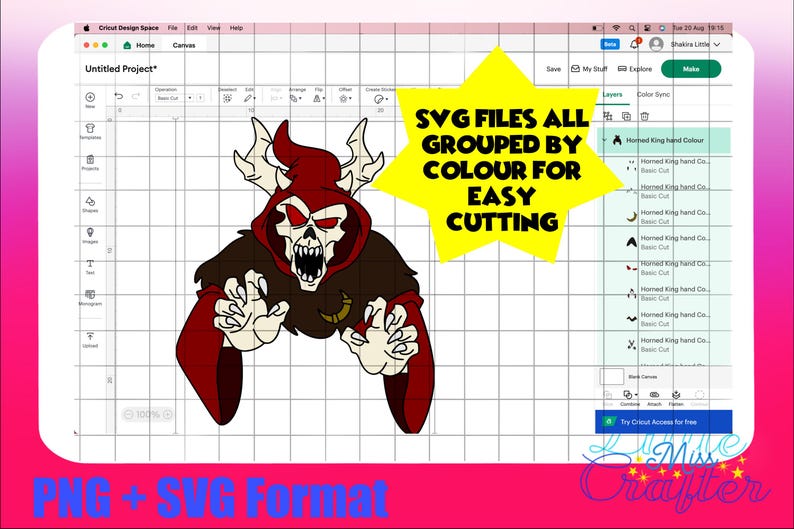 Pode incluir: Um design digital de um personagem de rei com chifres vermelhos com uma express&atilde;o amea&ccedil;adora. O texto "SVG FILES ALL GROUPED BY COLOUR FOR EASY CUTTING" &eacute; exibido em uma estrela amarela. O design &eacute; mostrado em um programa de design digital.