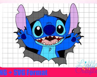 Stitch bursting out or escaping PNG and SVG file in both colour and black and white outline. Lilo and Stitch experiment 626