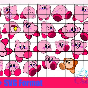 Bundle 1 Kirby Images and Stars 24 PNG and SVG Outline black and white files and 27 Coloured PNG + coloured layered svg files. Digital Files