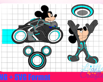 3 Tron Mickey Lightcycle Mickeyhead bike Grid SVG y PNG archivos digitales ideales para artesanos o páginas para colorear.