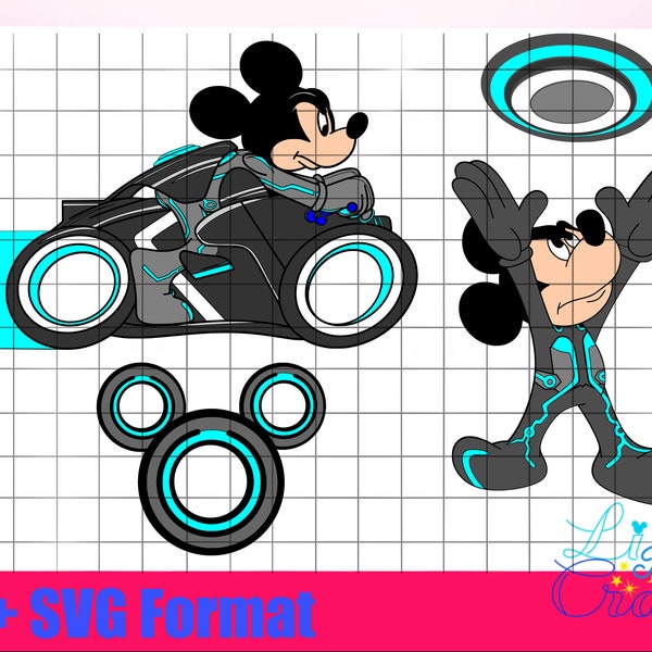 3 Tron Mickey Lightcycle Mickeyhead bike Grid SVG and PNG digital files great for crafters or colouring pages.