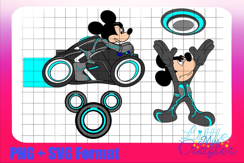 May include: Mickey Mouse in a black and blue futuristic suit driving a black and blue futuristic vehicle.  A second Mickey Mouse in a black and blue futuristic suit is standing with arms raised.  The background is a grid pattern.