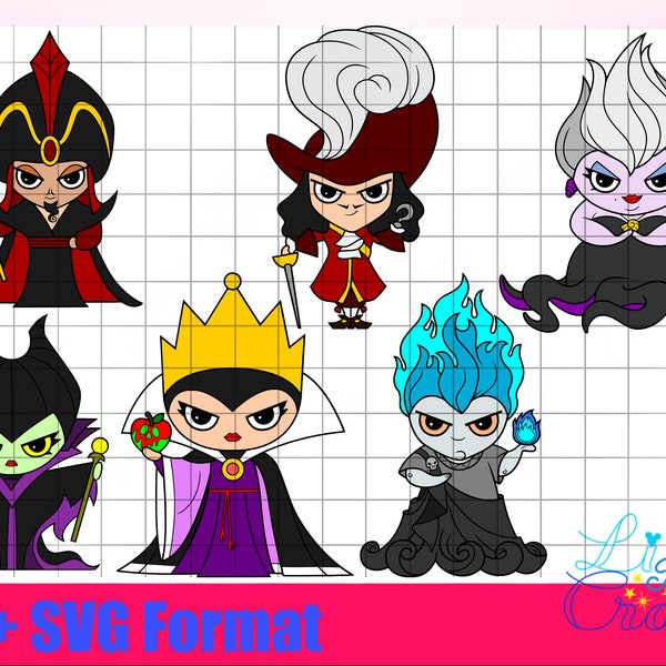 6 Villain Evil Chibi Malificent, Ursula, Evil Queen, Hades, Hook, Jafar, Cute Cartoon SVG and PNG Outline and Colour, Halloween, Scary