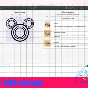 May include: A black and white image of a Mickey Mouse head silhouette. The image is on a white grid background with a blue overlay. The text "Upload Image" is above the image. The text "Select image type" is on the right side of the image. The text "Simple, Moderately complex, Complex" is below the image. The text "PNG + SVG Format" is at the bottom of the image.