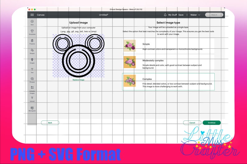 May include: A black and white image of a Mickey Mouse head silhouette. The image is on a white grid background with a blue overlay. The text "Upload Image" is above the image. The text "Select image type" is on the right side of the image. The text "Simple, Moderately complex, Complex" is below the image. The text "PNG + SVG Format" is at the bottom of the image.