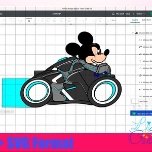 May include: A black and white illustration of Mickey Mouse driving a futuristic, black motorbike with cyan accents. The motorbike has two wheels and a single seat.