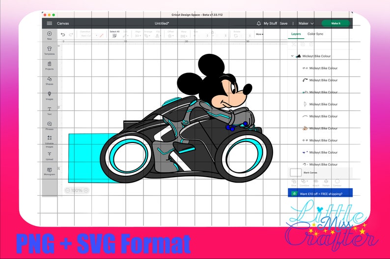 May include: A black and white illustration of Mickey Mouse driving a futuristic, black motorbike with cyan accents. The motorbike has two wheels and a single seat.