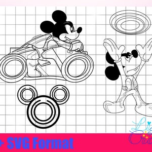 May include: Black and white line art illustration of Mickey Mouse driving a racing car. Mickey Mouse is wearing a racing suit and helmet. The car has large wheels and a spoiler. The image is on a white background with a grid pattern.