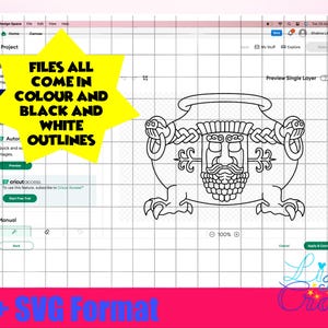 Pode incluir: Ilustra&ccedil;&atilde;o de arte de linha preta e branca de uma panela estilizada com um rosto e um design tran&ccedil;ado. A imagem &eacute; exibida em uma tela de computador com um fundo de grade. O texto "FILES ALL COME IN COLOUR AND BLACK AND WHITE OUTLINES" &eacute; exibido em uma estrela amarela.