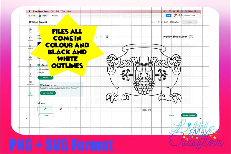 Pode incluir: Ilustra&ccedil;&atilde;o de arte de linha preta e branca de uma panela estilizada com um rosto e um design tran&ccedil;ado. A imagem &eacute; exibida em uma tela de computador com um fundo de grade. O texto "FILES ALL COME IN COLOUR AND BLACK AND WHITE OUTLINES" &eacute; exibido em uma estrela amarela.
