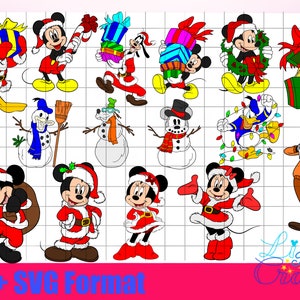 May include: A collection of Christmas-themed cartoon character illustrations, including Mickey Mouse, Minnie Mouse, Donald Duck, and Goofy. The characters are dressed in Santa Claus outfits and holding gifts, candy canes, and Christmas decorations. The image includes the text "PNG + SVG Format".