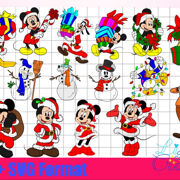 15 images Bundle Mickey Mouse, Minnie Mouse, Donald Duck, Goofy, Pluto Xmas SVG and PNG digital files. Snowmen, Presents, Lights,Wreath