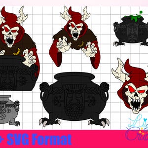 May include: A digital design featuring a red and black skeletal figure with horns, holding a cauldron. The design is available in PNG and SVG formats.